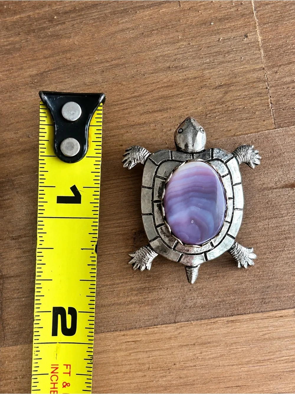 Silver Tone Turtle Brooch Purple Banded Stone Cabochon Vintage Style Pin
